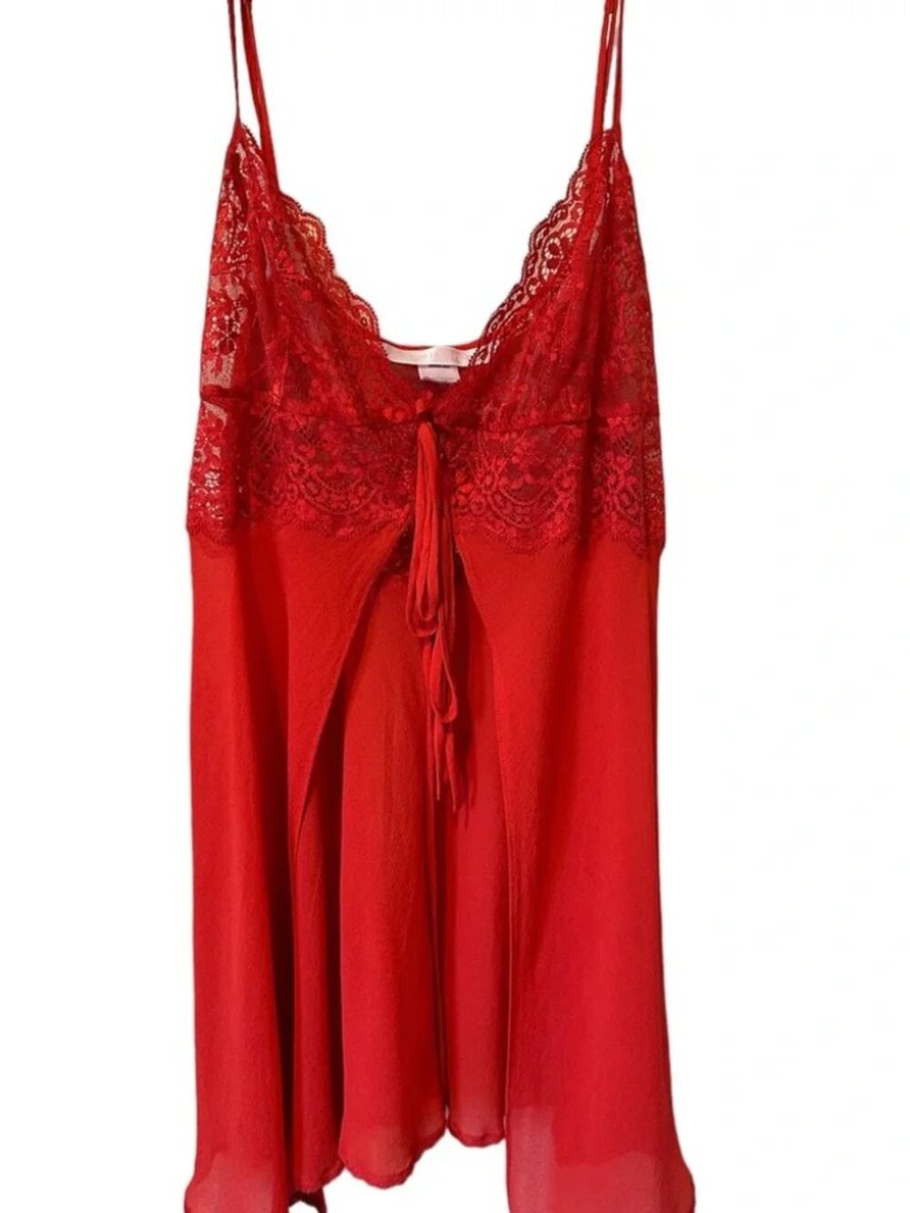 Vintage Y2K Victoria’s Secret Red Sheer Silk And Lace Open Front Babydoll